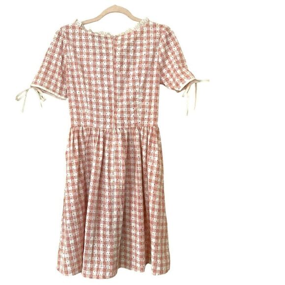 Unique Vintage Small Dress Gingham Eyelet Pockets Woodstock Flare Pink - Picture 3 of 5